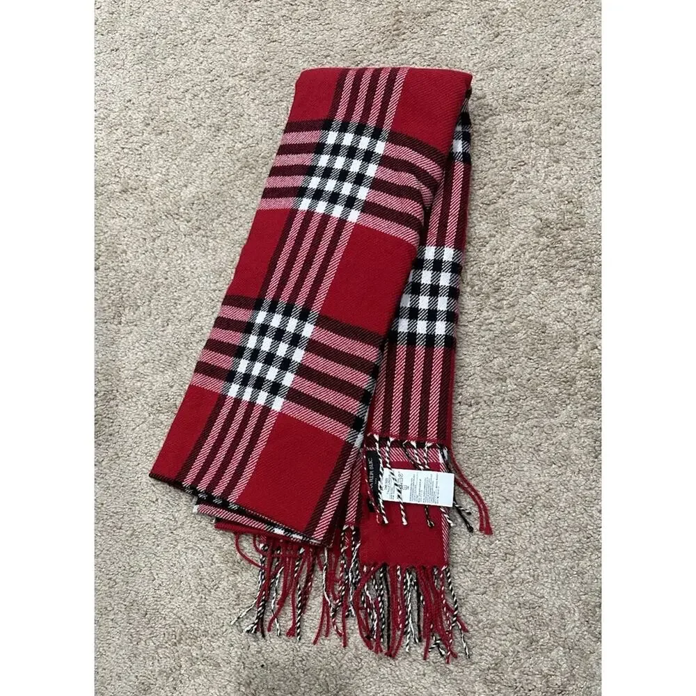 Banana Republic Plaid Tartan Fleece Fringed Scarf Long Red White Black Winter